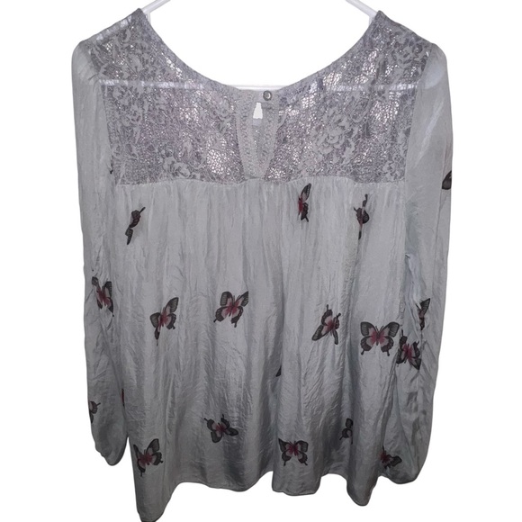EUC Giulia Silk Elegant Lace Butterfly Print 🦋 Lace Long Sleeve Grey Top Small - Picture 4 of 7